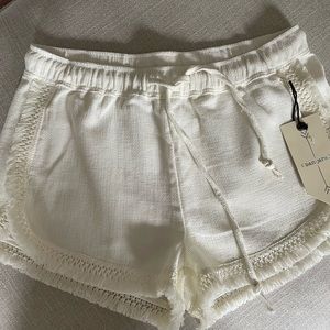 ban-jara Shorts Fringe Outline Elastic Tie Waist Off White Woven Fabric Medium